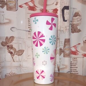 Colorful Peppermint Patterned Tumbler with Straw